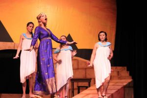Katy McCollum (Amneris) sings "My Strongest Suit" with the women of the palace: Addie Rand, Chelsea Wallace and Rory McCollum, at Dress Rehearsal of "Aida" Oct. 29. Photo by Gabby Kolker. 