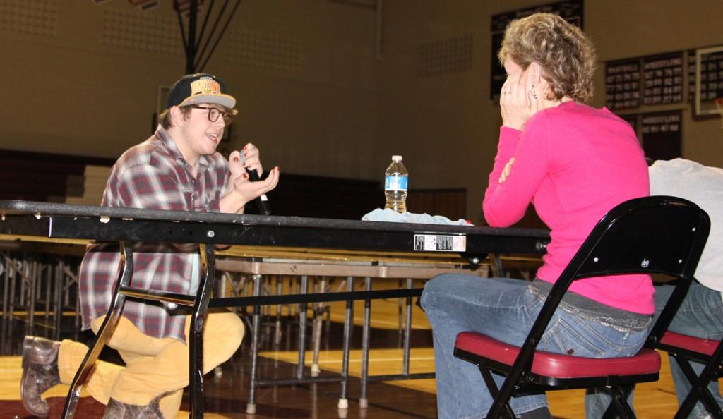 Senior Billy Nichols tells Mrs. Massey how he really feels, in song, at the Mr. MVHS pageant Feb. 24.