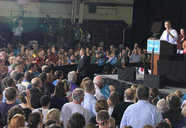Social studies teachers Ed Timm and Maggie Willems can be seen in the foreground of the photo listening to President Barack Obama speak at Cornell College Oct. 17.