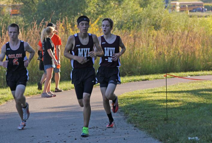 Sophomore Peyton Wilch and Freshman Jack Young push each other as the top two finishers for the MVLXC team at Mondays Solon Invitational