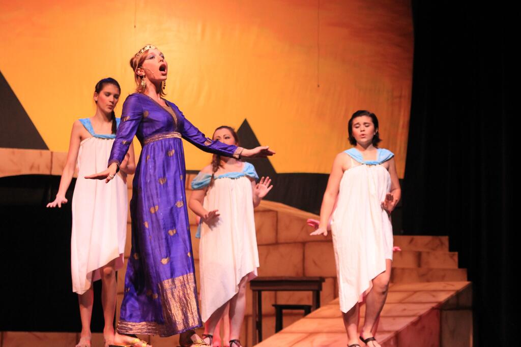 Katy McCollum (Amneris) sings My Strongest Suit with the women of the palace: Addie Rand, Chelsea Wallace and Rory McCollum, at Dress Rehearsal of Aida Oct. 29. Photo by Gabby Kolker. 