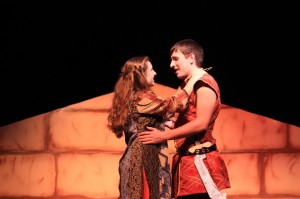 Sophomore Hannah Clark, the character of Aida, and Trevor Baty, who plays Radames, discover that despite the war between their homelands, that they share true love. Musical performances were Nov. 1, 2, 7, and 9 at the Mount Vernon District auditorium. This photo of the two leading actors was taken by Gabby Kolker at dress rehearsal, Oct. 29.