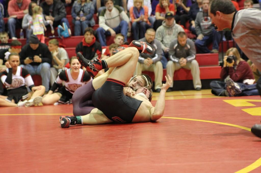 Jacob Ryan (170) wrestles Joey Damro from Union Community, win by fall. Jacob was a champion of the meet at 170.