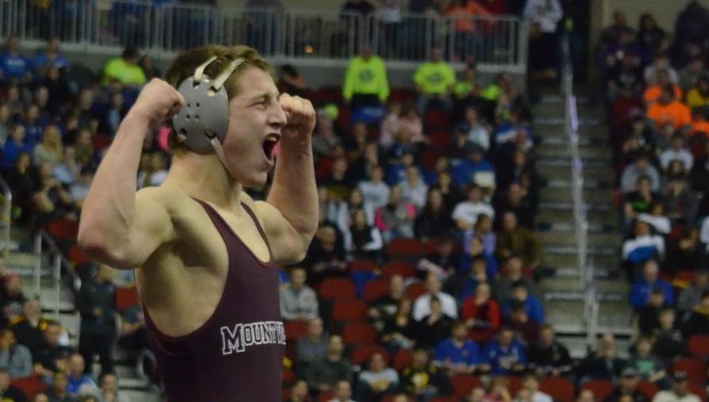 Trey Ryan (170) reacts to winning at 2A State Finals Feb. 22. Photo by Ashley Ruden