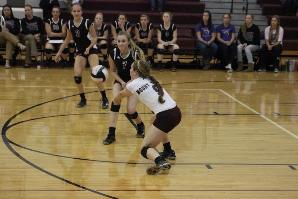 Mount Vernon's libero, Libby Ryan, digs up an attack against Benton Community. Photo by Claire Pettinger.