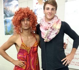 Dressed as pretty ladies, junior Journey Dawa and senior Connor Herrmann take on Gender Bender Day. Photo by Bailey Priborsky