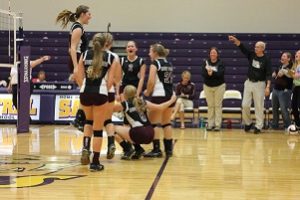 The MVHS Volleyball Team celebrates after their final regional victory on Nov. 3.