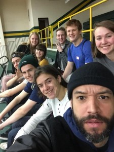 Mr. Sotillo poses in a selfie with students before the day starts. Front Row: M. Mcieszinski, A. Rand, B. Christensen, O. Egolf, A. Krob, E Sotillo.  Back Row: E. Wenz, B. Cox, K. Margheim.