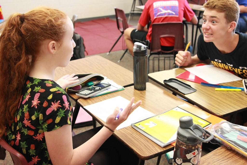 During geometry sophomores Abigail Patten and Brynden Fisher argue over their measurements on the first day of block. Photo by Abby Davidson.