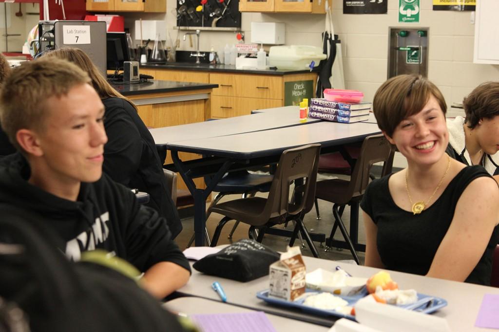 Brother and sister, Evan and Emily Tvedt , share a laugh in Mrs. Apply's room during the first Science Olympiad meeting, on Sept. 1. Photo by Lexi Flockhart.
