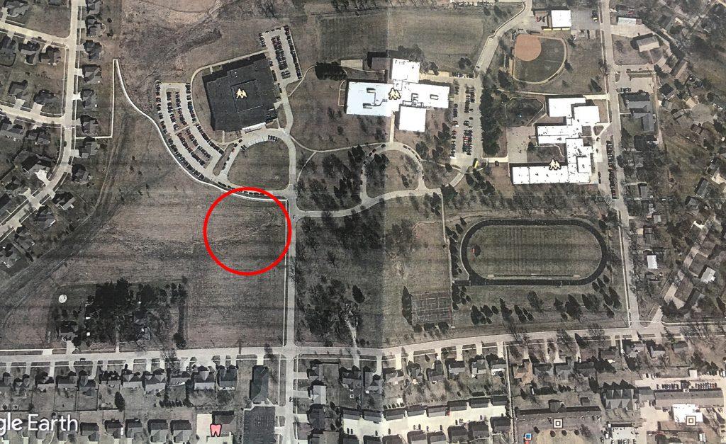 Proposed location of recreation center is circled. Google Image enhanced in Photoshop by Blaine Schumacher.