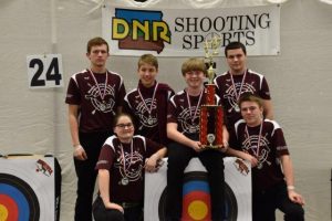 State competitors Collin Hallier, Rachel Lochner, Mike Siegmund, Logan Kelly, Brandon Lochner, and Xsavior Brown pose with their individual awards and state trophy.