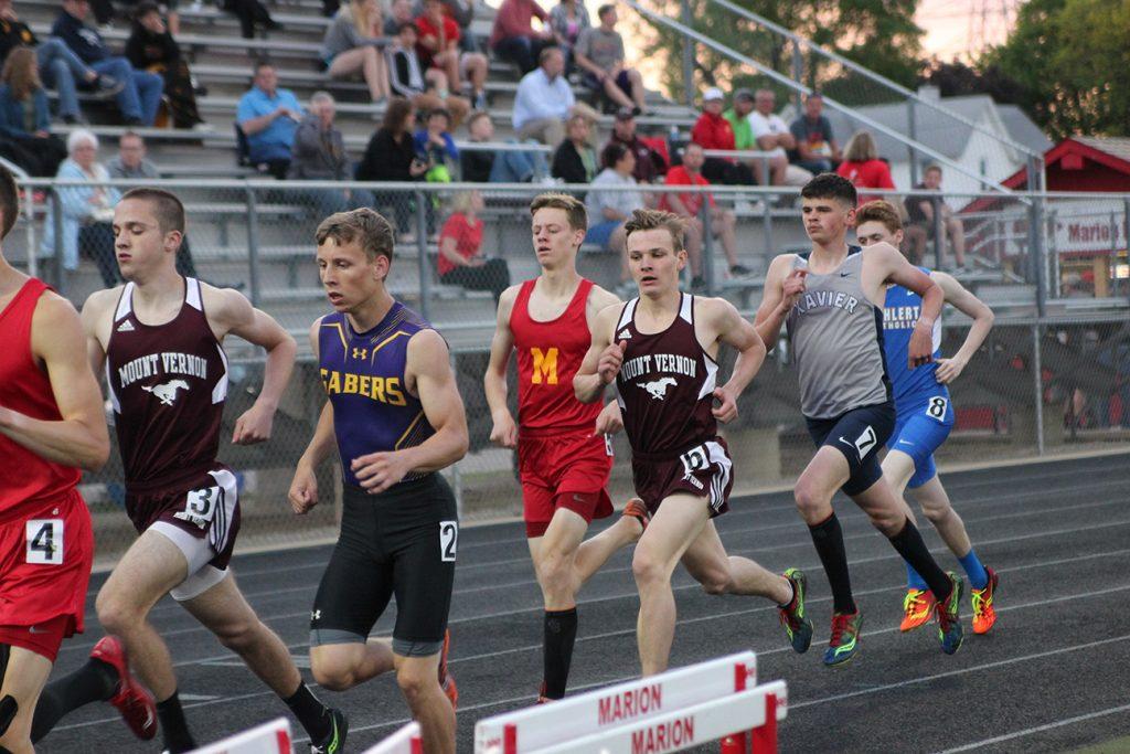 Mount Vernon seniors Liam Conroy and Jack Young run in the 1600m race. Photo by Emma Klinkhammer.