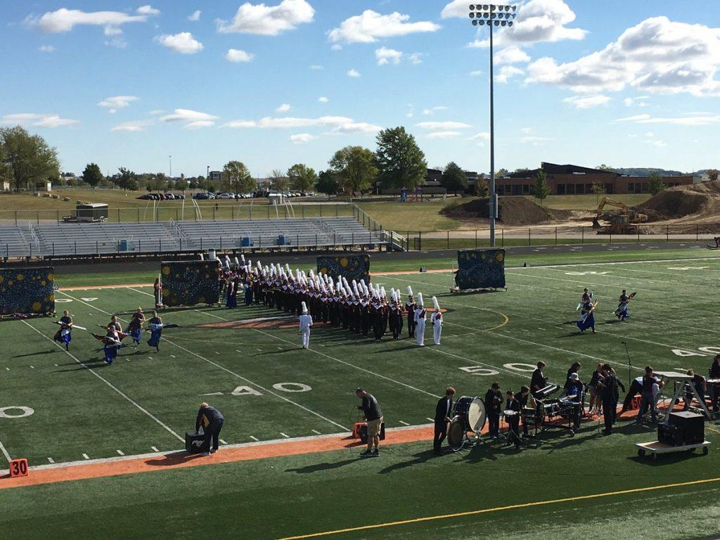 The Marching Mustangs enter the field at Prairie High School Sept. 30. Photo by Supt. Greg Batenhorst.