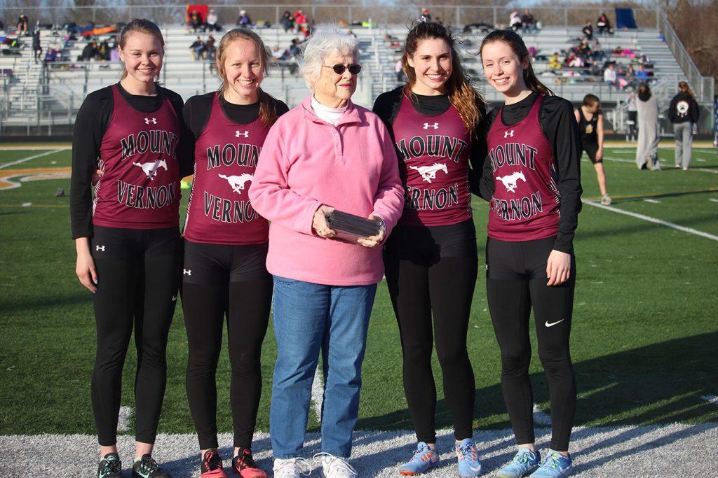 The winning Shuttle Hurdle team, consisting of Catherine Yeoman, Annie Rhomberg, Annie Leopold, and Lauren Ryan recieve their plaques. Photo by Paige Zaruba.