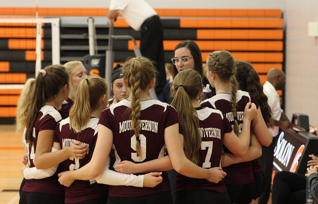 The Mustangs huddle after winning against Clear Creek Amana 2-0
photos by Aubrey Frey