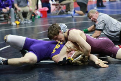 Undefeated senior Paul Ryan (170) won by fall over Bryce Vande Weerd 
 of Central Lyon/George-Little Rock High School in State 2A wrestling round one Thursday. Photo by Aydan Holub-Schultz.
