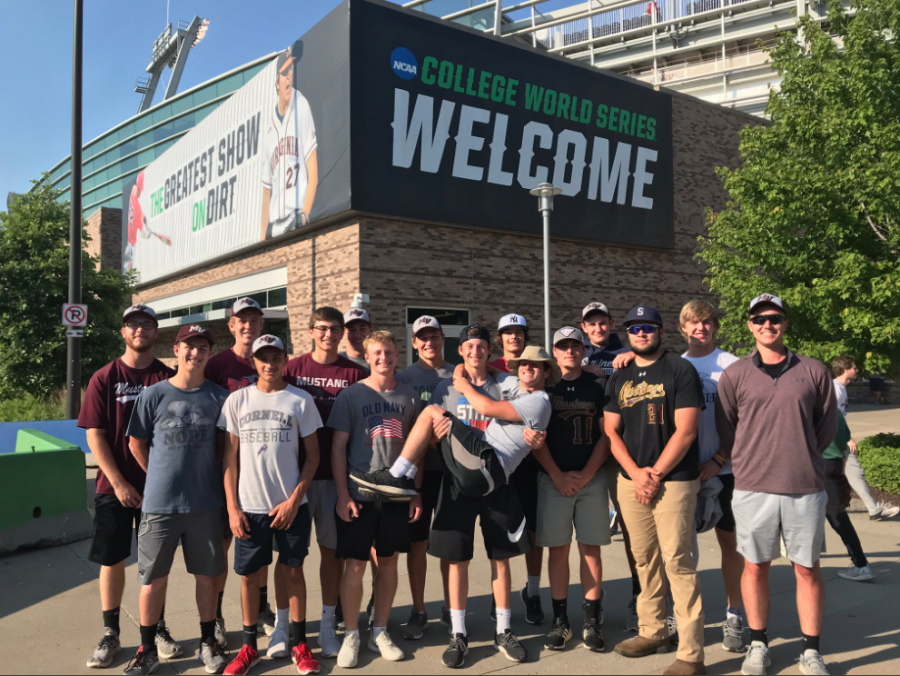 The Mount Vernon Mustangs varsity baseball team poses for a photo outside of TD Ameritrade Park in Omaha, NE.