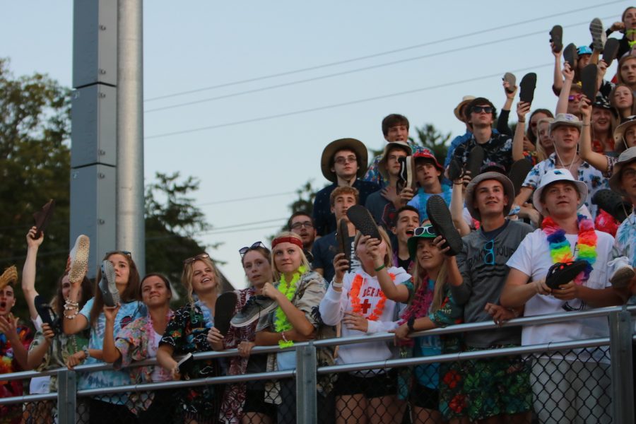 The student section dressed up for Hawaiian night.