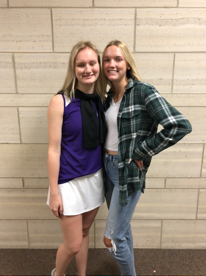 Showing Spirit! Seniors Bri Rubner and Nicole Theobald dress up for the Country Club vs Country Club theme during Homecoming Week Sept. 24. Photo by Evan Wilch