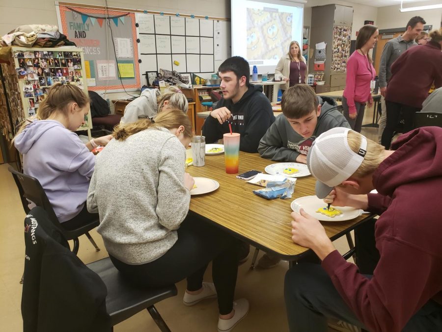Students in the Beyond Mount Vernon J-term  class decorate cookies as Spongebob for a baking competition Jan. 9.