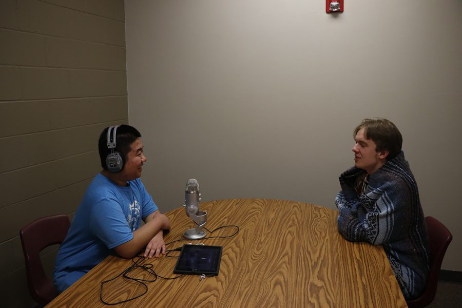 Eli Krob and Jasper Rood record their own podcast in the Podcasts and Video Journalism J-term Class Jan. 8.