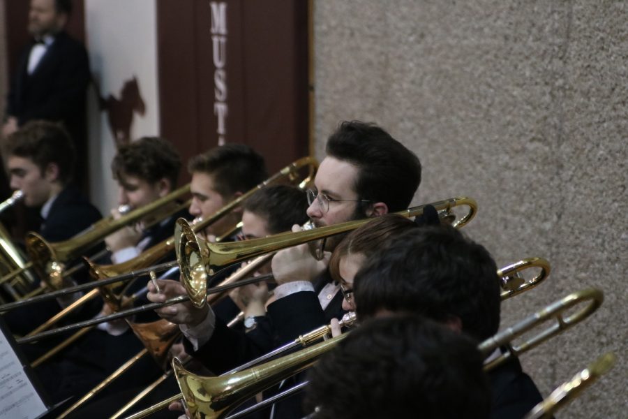 Eli Webster, junior, plays his trombone at Festival of Bands. Photo by Lillie Hawker.