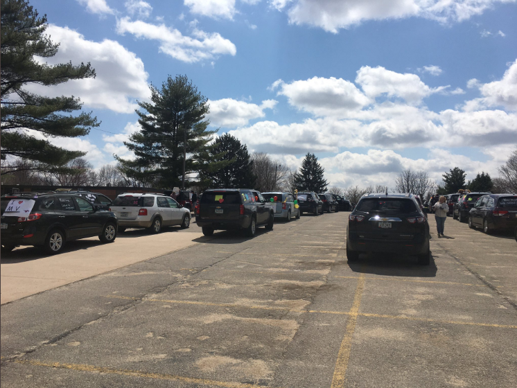 Mount Vernon Community School District Staff line up their cars, getting ready to parade through town Apr. 15. Photo from twitter.