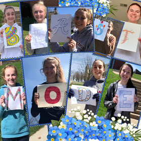 Photo compilation of girls' track athletes completing a scavenger hunt in April.