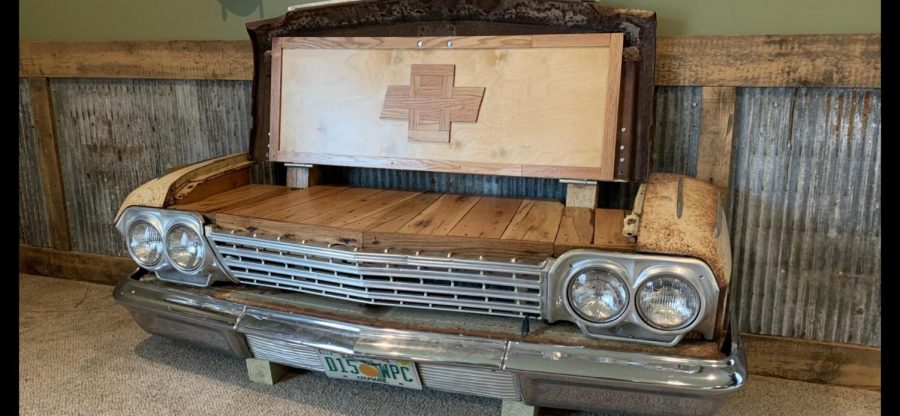 This 1960s Impala was converted into a bench by Nolan, Kaleb, and their dad, Steve Brand. 