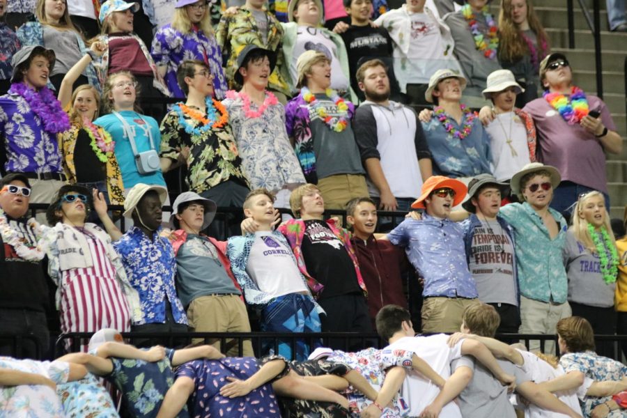 Fans chant the Mustang Spirit cheer at volleyball state finals Nov. 15.