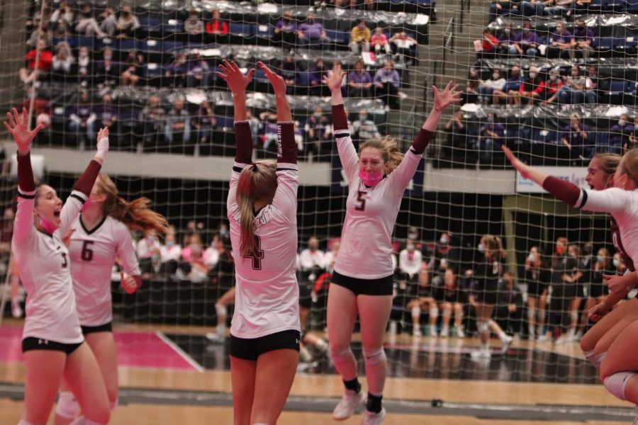The Mount Vernon Volleyball team celebrates after getting the match winning point in the State Semifinal game Nov. 4. Mount Vernon went on to play in the State Championship game the next day.