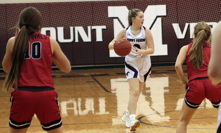 Junior McKenzie Rentschler brings the ball down the court to start the offense. Mount Vernon loses to Maquoketa for a score of 35-44.