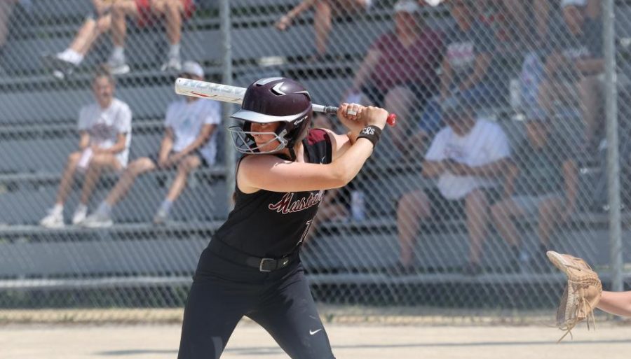 Nadia Telecky is up to bat in a home game played at Davis Park while construction took place on the new field June 10. The Mustangs beat Maquoketa 2-0.