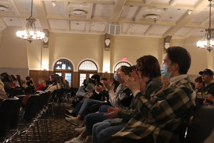 Journalism students from Mount Vernon attend the 2021 Iowa High School Press Association Fall Conference on Oct.21 at the University of Iowa. The group cheers as they place second in the Yearbook contest.