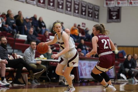 Kenzie Rentschler evades an Independence opponent. Rentschler  led the team in scoring with 18 points, including five 3-pointers, establishing a new school record of 56 3-pointers in a season.
