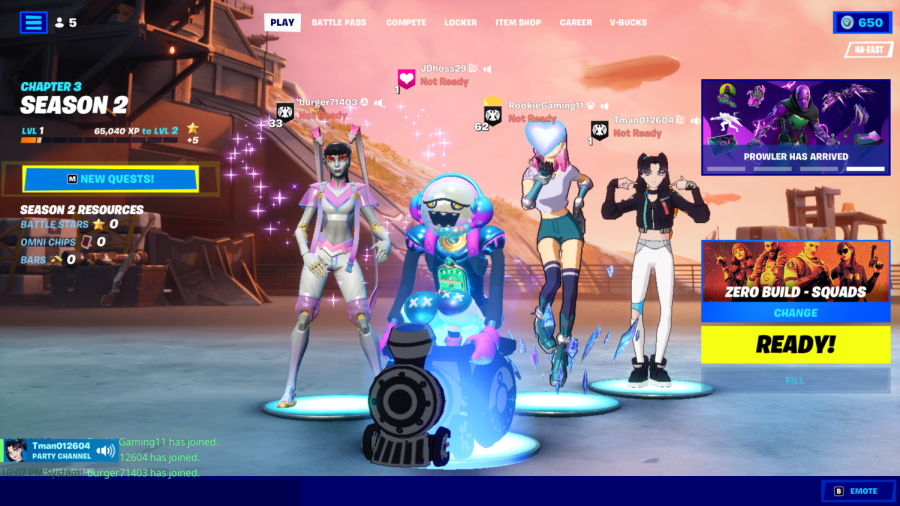 Fortnite lobby (in order left to right) Henry Steine, Jack Drahos, Jake Coon, and Trenton Pitlick.