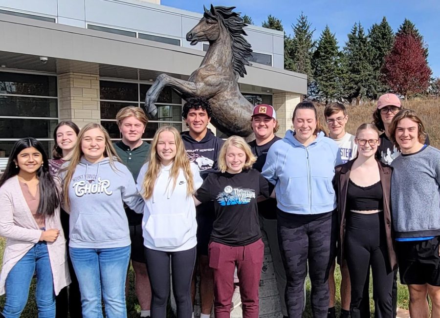 ALL STATE SINGERS. Front Row: Isabel Govea, Brook Bausch, Mollie Snedden, Penelope Vig, Kyla Vaughn, Finley McVay, Tyler Panos. Back Row: Charlotte Krob, Milo Olinger, Dylan Winkler, Trystin Lashley, Jacob Cannon, Kelan Mahoney