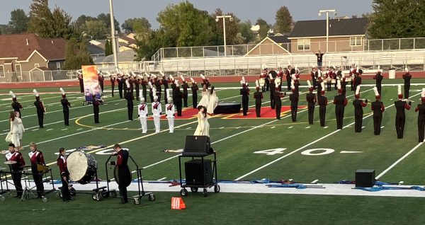 Mount Vernon Marching Mustangs performs on the Marion football field. Sep. 23.