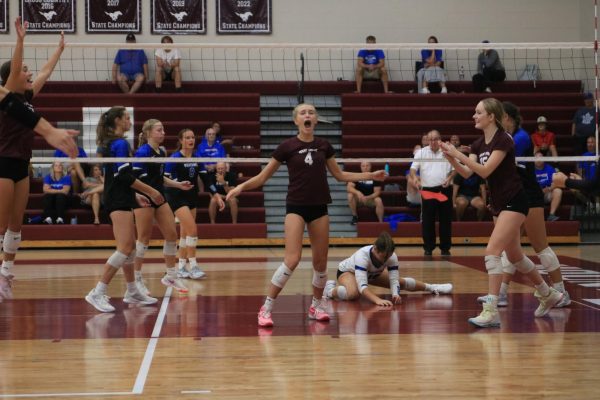 Junior Paige Schurbon celebrates with her teammates after a kill. Mount Vernon lost to Dike-New Hartford 2-0(25-14, 25-17).
