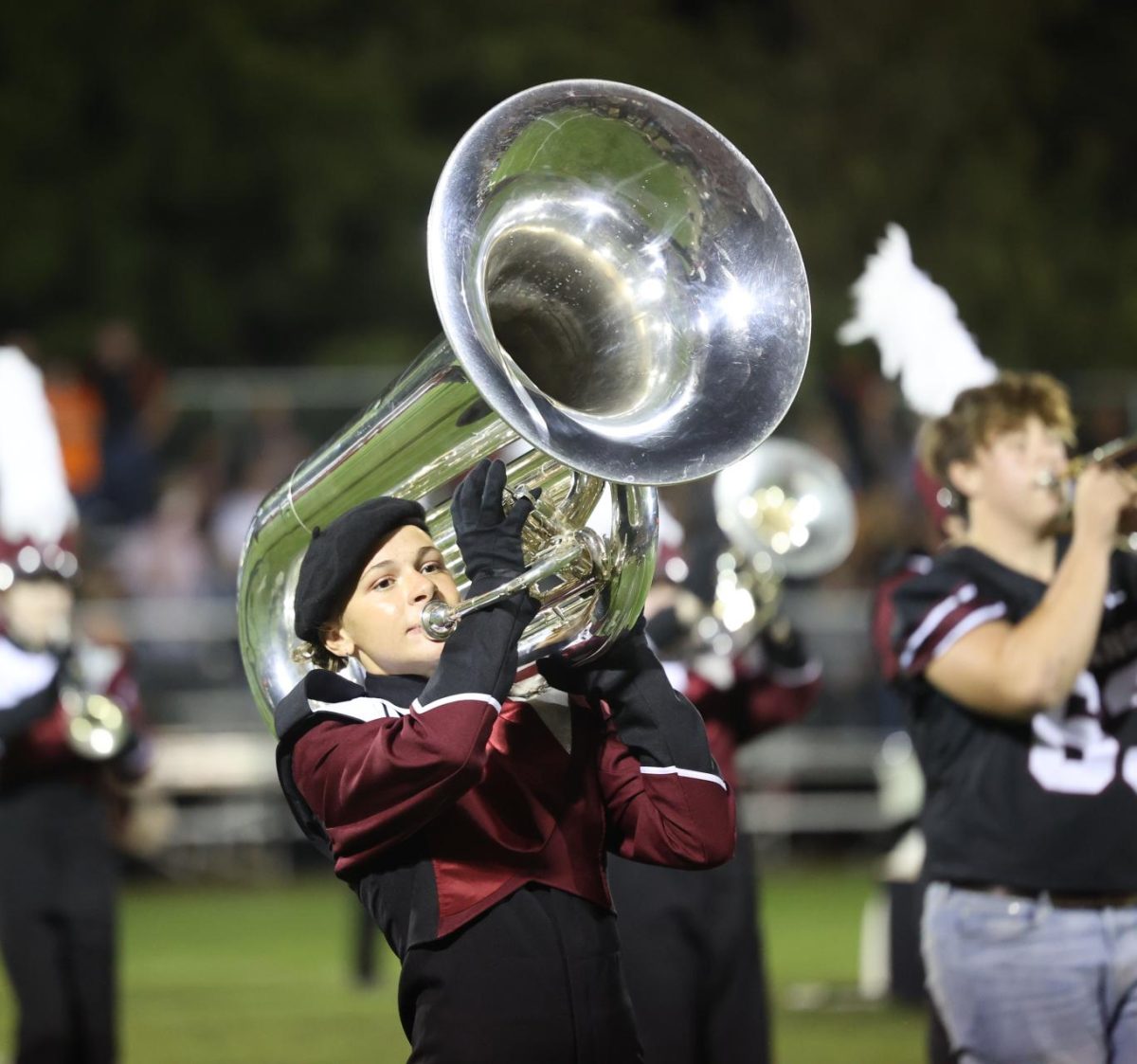 Junior Skye Rodman is engrossed in marching with the band during their Sept. 15 halftime show. 