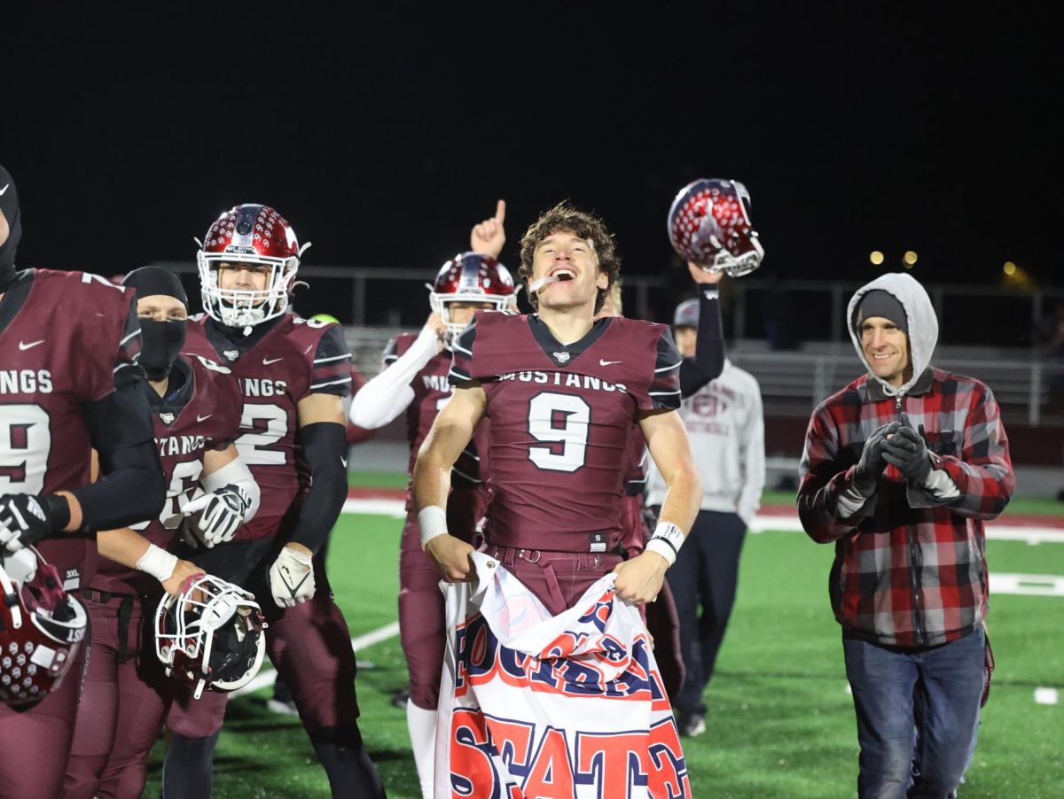 State qualifier banner in hand, the team is ecstatic to finish the night 1-0. The Mustangs defeated the Independence Mustangs 50-6 in the first round of playoffs. MVFB will be playing their second round next Friday(Nov. 4) at Williamsburg. Go stangs! Photos taken on Oct. 27.