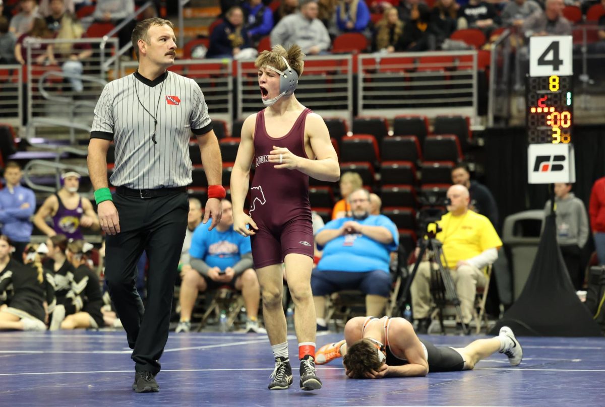 Sophomore Jase Jaspers is hyped up after his semifinal win in the first tiebreaker of overtime on February 16th. 