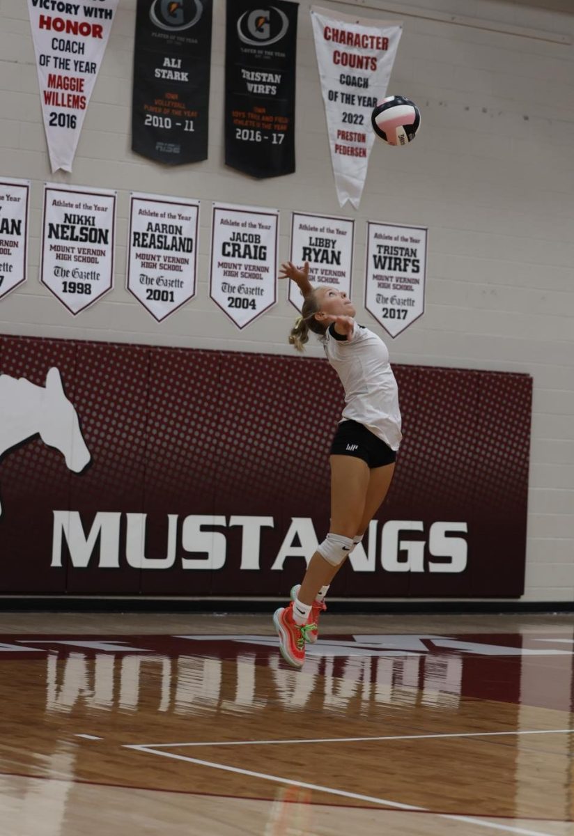 Sophomore Mavrik Schweer (1) centers her attention on serving the ball to Solon Sept. 10. 