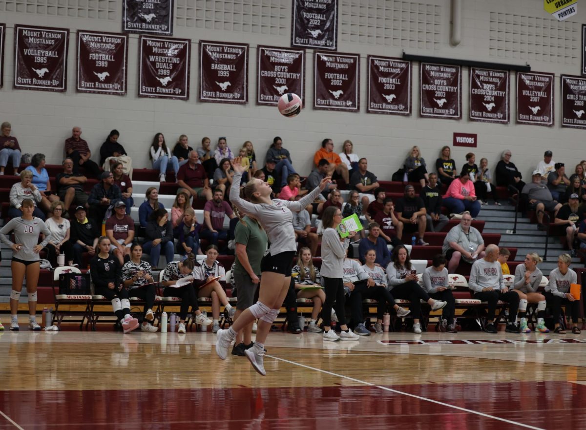 Junior Isabelle Logue (7) focuses as she serves the ball Sept. 24.