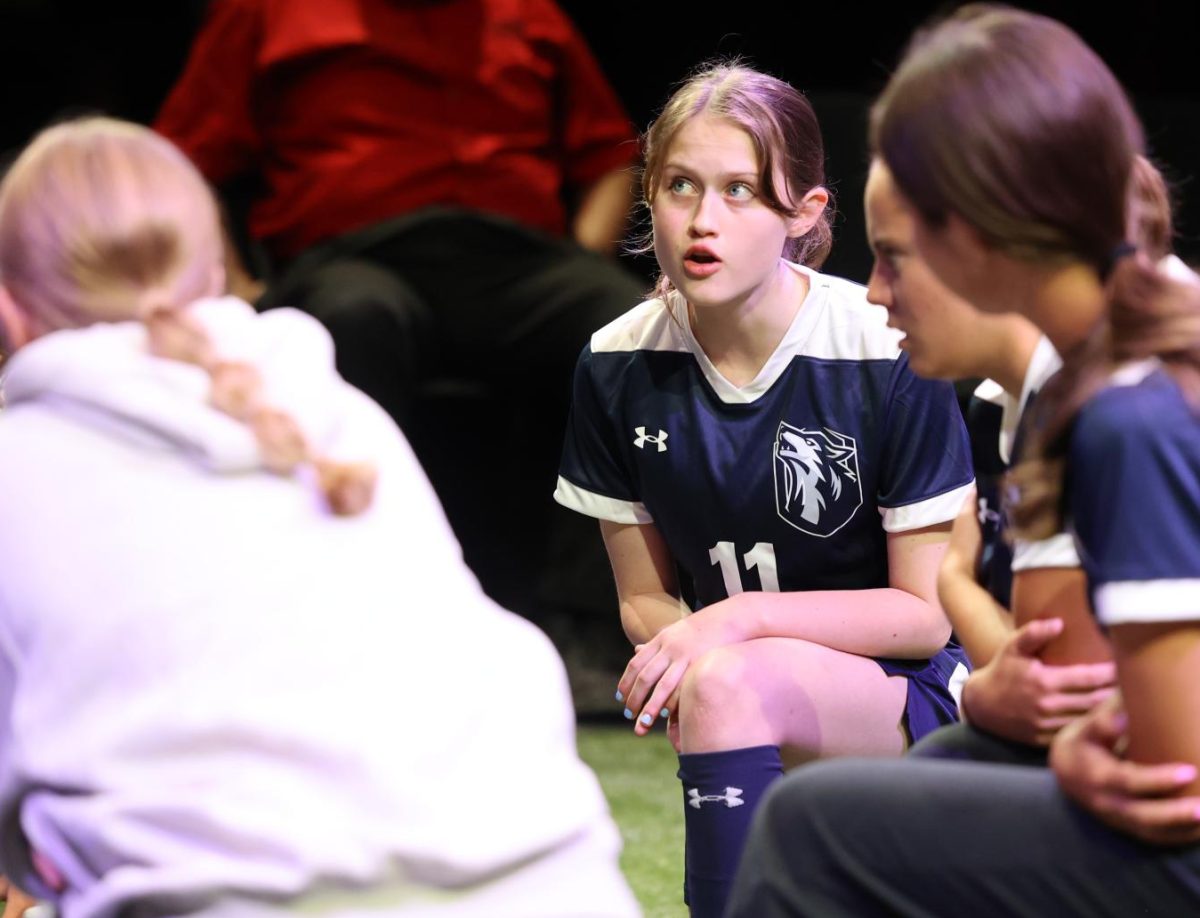 Sophomore Charlotte Woosley (11) rants about the Khmer Rouge during the rehearsal of 'The Wolves' on Sept. 3.