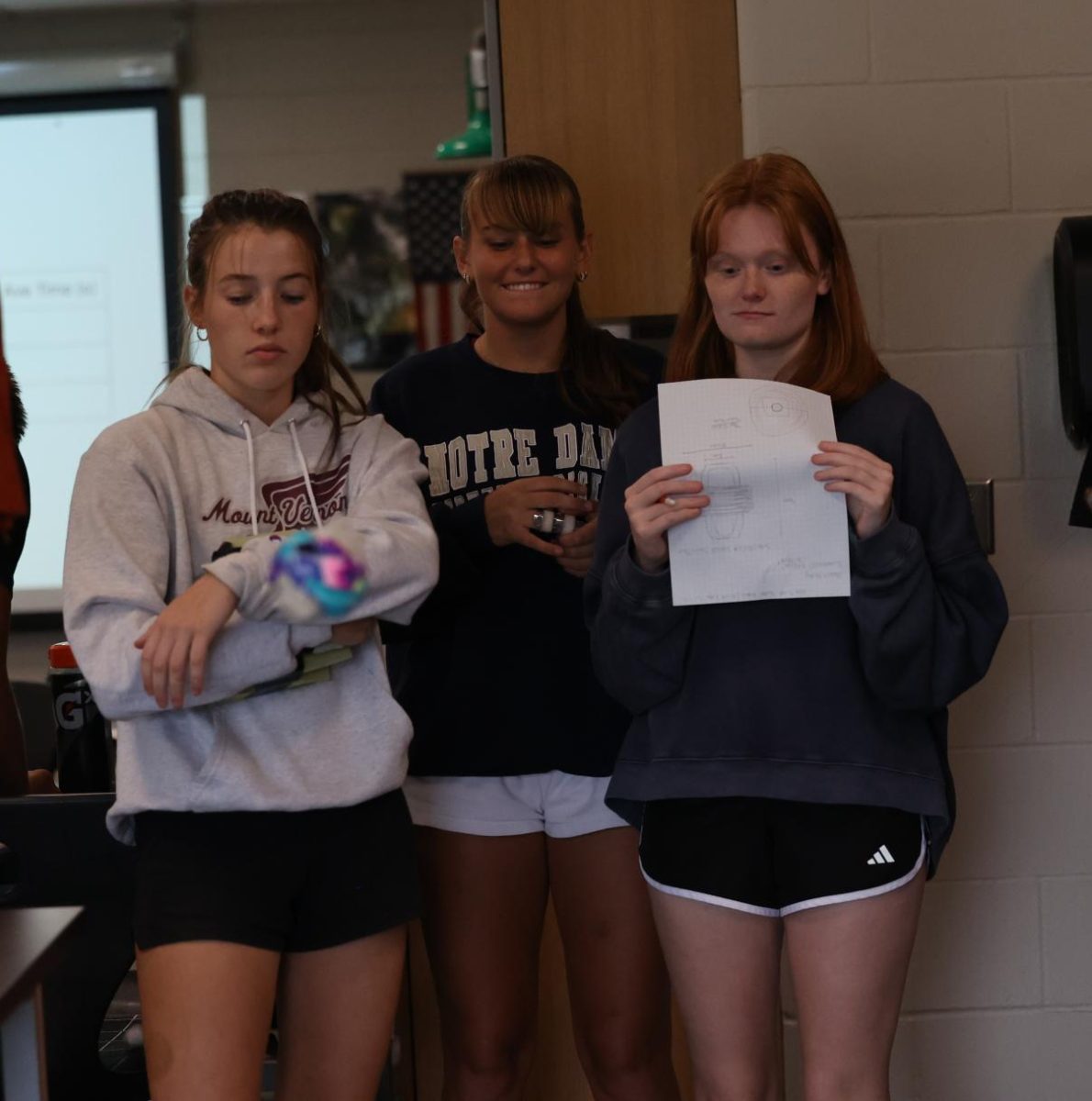 Senior Lily Amthauer awaits the results of the 2nd egg drop project round, as seniors Olivia Haverback and Abigail Moss intently watch the fall on Sept. 5. 