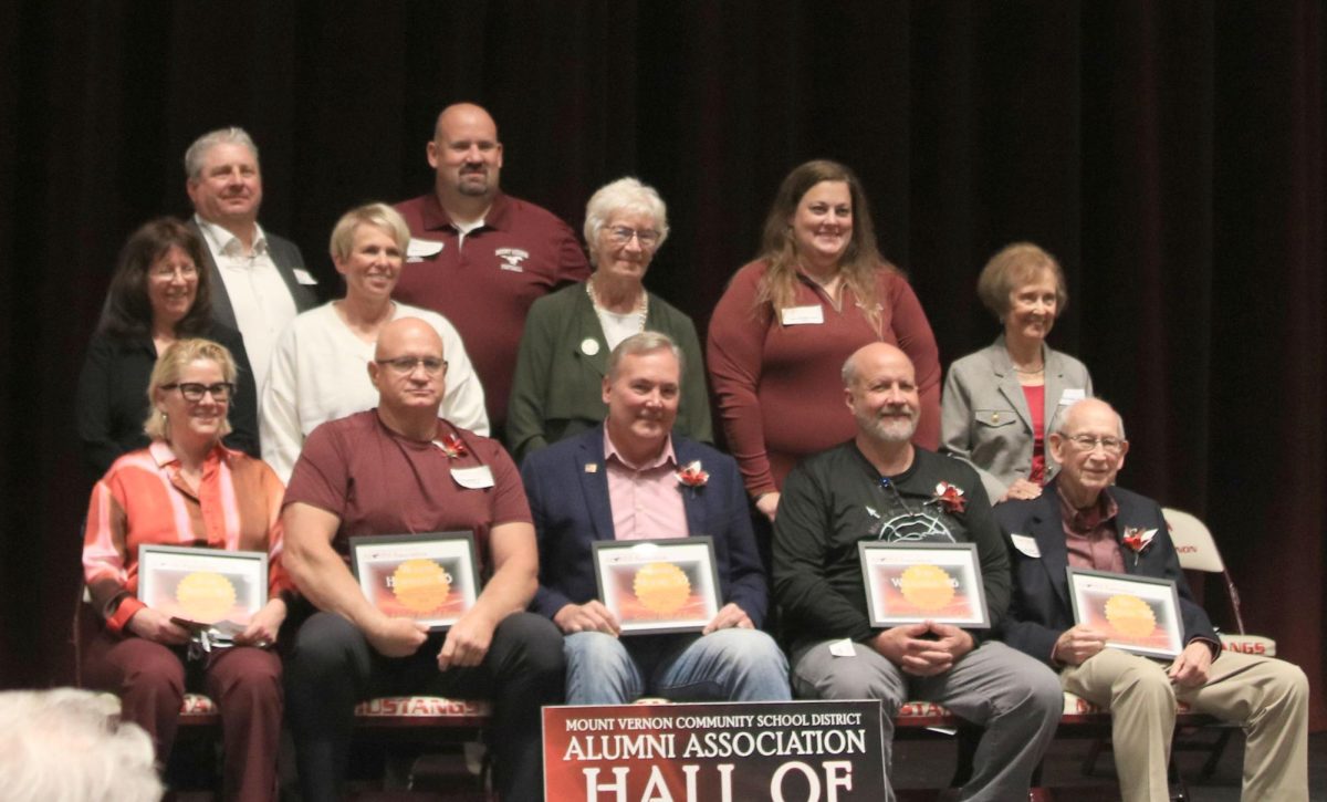 The Alumni Association inducted five new members into the Hall of Fame: FINE ARTS — Jude Smith 1981, ATHLETIC — Wayne Hormann 1985, SERVICE — James Moore 1953, (James Moore passed away in 2014 and was honored posthumously. His son Robert will accepted the award on his behalf.) COMMUNITY IMPACT — Tom Wilkinson 1986, ACHIEVEMENT — Bill Yeisley 1952.