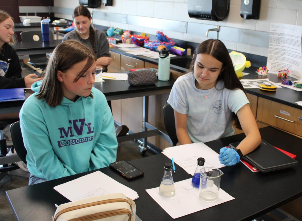 Sophomores Caroline Rupp and Natalee Glaister examine their Honors Biology Investigation, waiting for their blue liquid to turn clear. Sept. 9. 