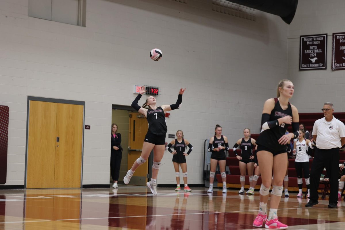 Junior Isabelle Logue (7) focuses on serving the ball Oct. 24. 